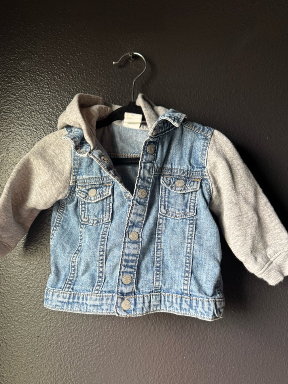 H&M Blue Denim Jacket with Gray Knit Hood & Sleeves